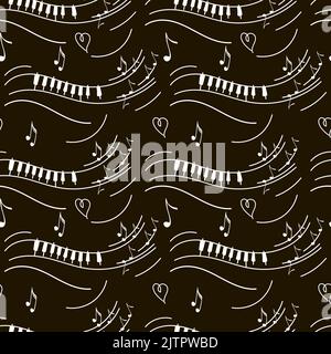 Seamless pattern of piano melody, hand-drawn doodle. Flying notes. Heart. Music. Inspiration. Isolated vector illustration on white background Stock Vector