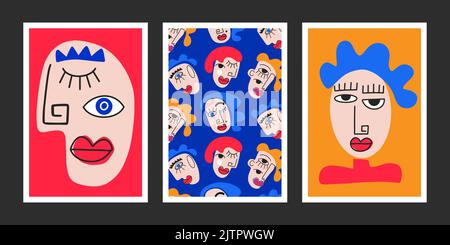 Cubism Wall art. Surrealistic Abstract Woman Face Posters Set Stock Vector