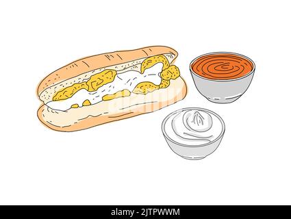 Fried mussels hand drawn vector design. Fast food menu design elements. Design element for poster, menu, flyer, banner, menu, package. Vector. Stock Vector