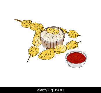 Fried mussels hand drawn vector design. Fast food menu design elements. Design element for poster, menu, flyer, banner, menu, package. Vector. Stock Vector