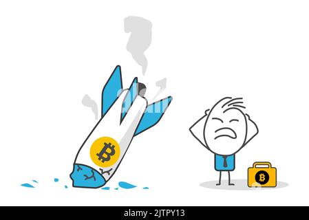 Stick figures. Bitcoin rocket crash. Crypto loss. Crypto market is declining, cryptocurrency volatility price rising and falling rapidly causing inves Stock Vector