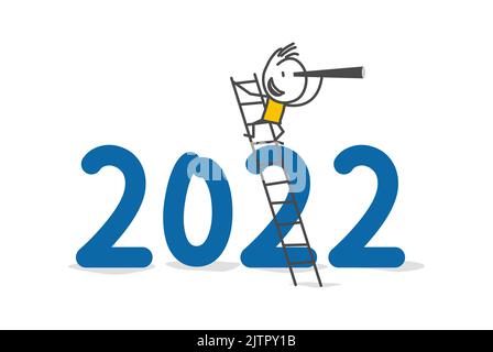 Stick figures. The visionary climbs the ladder to see the future through a telescope in 2022. Economic outlook for 2022. Challenge and business opport Stock Vector