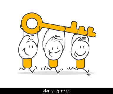 Stick figures. Businessmen running with big key as problem solution metaphor. Business people working with big key. Stock Vector
