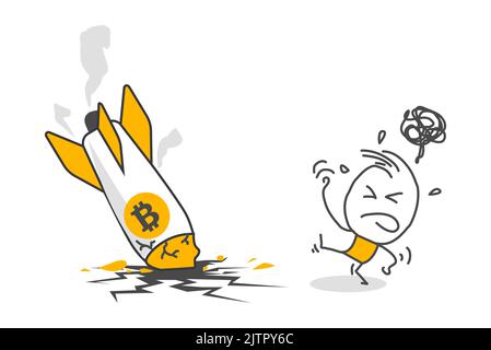 Stick figures. Bitcoin rocket crash. Crypto loss. Crypto market is declining, cryptocurrency volatility price rising and falling rapidly causing inves Stock Vector