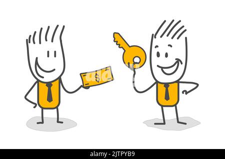Stick figures. Giving the other person a big key as a problem solving metaphor. Banners, infographics, landing pages of the website. Stock Vector