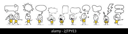 Stick figures. Thought bubbles, speech bubbles. Isolated on white background. It can be used for presentations, for explanation, as a mascot, for comm Stock Vector