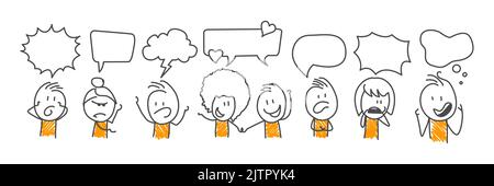 Stick figures. Speech bubbles, various human situations. Vector. Stock Vector