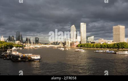 A view of the River Thames and the skyscrapers of the City of London skyline as seen from Waterloo Bridge, London, England, UK Stock Photo