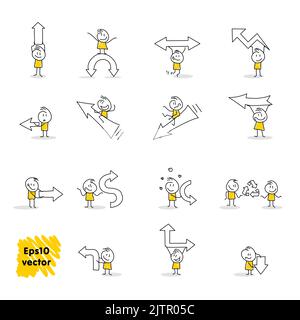Stick figures. Arrow. Isolated on white background. It can be used for presentations, for explanation, as a mascot, for communication, to express emot Stock Vector
