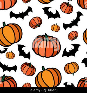 Vector Autumn Pumpkin pattern with bats. halloween. Thanksgiving vegetable seamless print Stock Vector