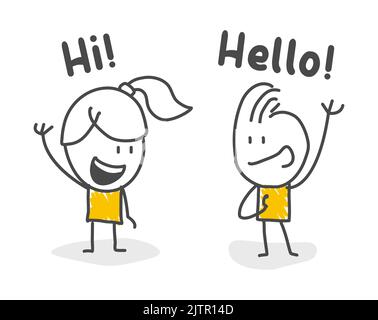 Stick figures. man and woman saying hello to each other. Vector. Stock Vector