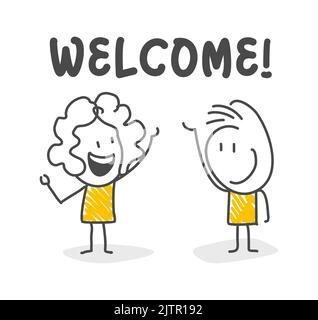 Stick figures. Man and woman waving for welcome. Vector. Stock Vector