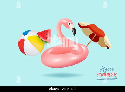 Hello summer background. Flamingo inflatable toy, watermelon, beach umbrella, beach ball. Summer festive background. İllustration - Vector. Stock Vector