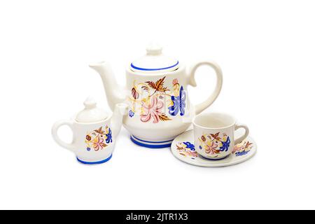 floral teapot, tea kettle, porcelain teapot with beautiful floral pattern on white background Stock Photo