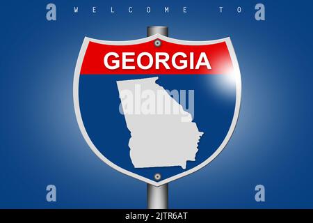 Map of Georgia on highway road sign over blue background, 3d rendering Stock Photo