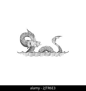 Leviathan mythical creature, sea serpent in Judaism isolated monochrome sketch. Vector selma norwegian folklore monster, legendary leviathan dragon mythical creature, water dinosaur, underwater beast Stock Vector