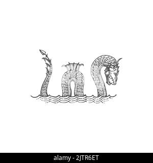 Serpent dragon, ancient aged big deep loch fin demon, mystic danger mythical depth horror isolated monochrome sketch icon. Vector retro biblic history leviathan animal, abaia fantastic fierce Stock Vector