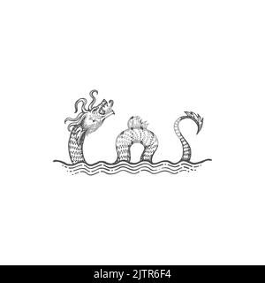 Selma monster, water beast sea serpent dragon underwater beast in ocean waves isolated monochrome sketch icon. Vector legendary leviathan dragon, water dinosaur marine beast animal, mythical creature Stock Vector