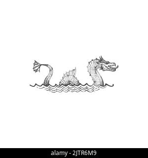 Bakunawa serpent-like dragon in Philippine mythology in sea or ocean water waves isolated monochrome sketch icon. Vector underworld mythical creature, vintage giant dragon, fairytale animal Stock Vector
