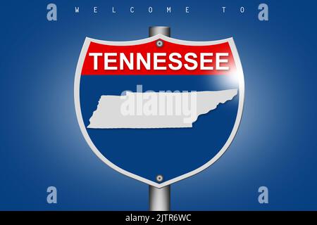 Tennessee on highway road sign over blue background, 3d rendering Stock Photo