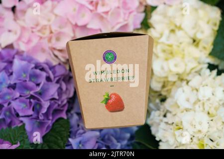 Wimbledon Strawberry box around the grounds at The Championships 2022. Held at The All England Lawn Tennis Club, Wimbledon. Stock Photo