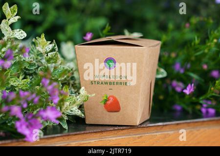 Wimbledon Strawberry box around the grounds at The Championships 2022. Held at The All England Lawn Tennis Club, Wimbledon. Stock Photo