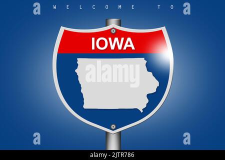 Iowa on highway road sign over blue background, 3d rendering Stock Photo