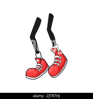 Walking legs in red rubber shoes with laces and white soil isolated human legs, comic limbs in red training skates sneakers, flat cartoon foots. Vector , cute athletic boots, urban teenager footwear Stock Vector