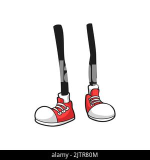 Comic foots in red sport shoes isolated cartoon walking legs. Vector textile sneakers or trainers with rubber toe, sticks in sportive footwear. Modern teenager skaters, casual youth limbs in boots Stock Vector