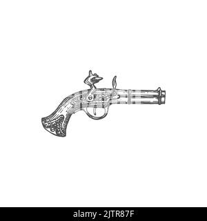 Flintlock pistol, pirate gun firelock musket isolated monochrome icon ...