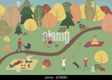 People in park in autumn. Happy men and women walking with dog, having picnic, kids playing with a ball, doing yoga outdoor, nature romantic dates, ri Stock Vector