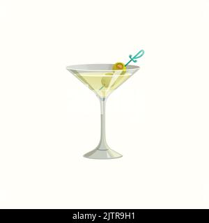 Glass of martini alcohol drink and olive oil on stick isolated realistic icon. Vector classic dry martini with olives, summer refreshing cocktail with toothpick and veggies decoration, vermouth drink Stock Vector
