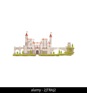 Fairy cartoon palace isolated medieval fairytale castle. Vector magic citadel landscape scenery, king and queen home. Cartoon medieval building, royal kingdom tower with entrance gate, fort of stone Stock Vector
