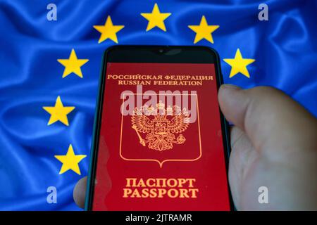 Turkey. 01st Sep, 2022. In this photo illustration, A Passport of Russian Federation is displayed on a mobile phone screen in front of an European Union flag. The European Union has announced that it will suspend the visa facilitation agreement with Russia. (Photo by Tunahan Turhan/SOPA Images/Sipa USA) Credit: Sipa USA/Alamy Live News Stock Photo