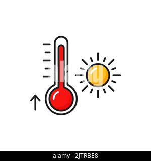 Weather forecast hot temperature thermometer color outline icon, vector pictogram. Weather forecast summer temperature and sun icon for app and web widget Stock Vector