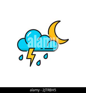 Weather forecast, thunderstorm rain and cloud moon, vector color outline icon. Night weather forecast of rainy cloudy overcast and thunder storm for c Stock Vector