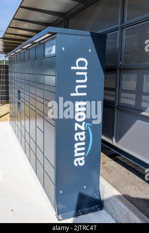 Wingen sur Moder, France - August 08, 2022 : Amazon Hub Locker, where customers can take their order themselves. Stock Photo