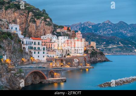 Atrani, Italy along the beautiful Amalfi Coast in the evening. Stock Photo
