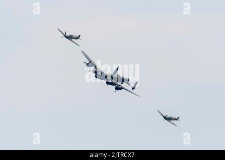 Bournemouth, Dorset, UK.  1st September 2022.  The RAF Battle of Britain Memorial Flight Lancaster Bomber, Spitfire and Hurricane performing a display during the first day of the Bournemouth Air Festival at Bournemouth in Dorset.  Picture Credit: Graham Hunt/Alamy Live News Stock Photo