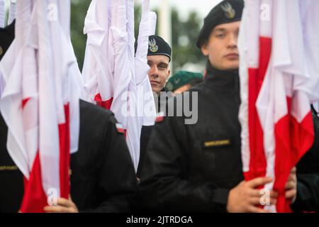 Gdansk, Poland. 01st Sep, 2022. Navy soldiers are seen with Polish flags during the 83rd anniversary of the outbreak of World War II in Westerplatte. Credit: SOPA Images Limited/Alamy Live News Stock Photo