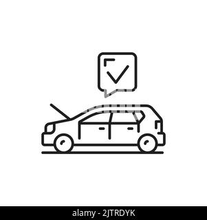 Car with check mark linear icon. Total automobile check isolated outline linear sign. Vehicle approved or allright, checklist in workshop done Stock Vector