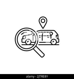 Automobile search linear car with magnifier and location point. Find sharing vehicle, outline linear sign. Finder sign and auto on rent Stock Vector