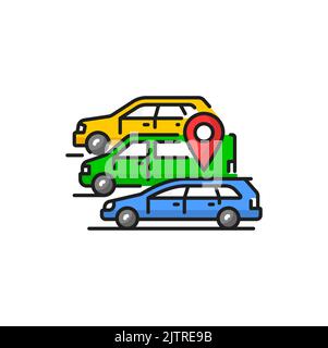 Car share service, carpool, cars and location sign isolated color linear icon. Vector ride-sharing and lift-sharing, multiple drive and share services Stock Vector