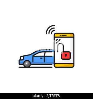 Car key in smartphone, smart lock application icon. Vector locked or open door in car by phone, closed auto by phone wireless technology Stock Vector