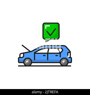Car with check mark isolated color linear icon. Vector total automobile check, vehicle approved or alright, checklist in workshop done Stock Vector