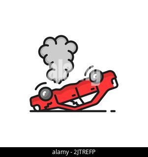 Rollover crash isolated color line icon. Car flipping over onto roof. Head-on collision. Smashup of red vehicle, traffic accident on road Stock Vector