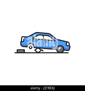 Tire replacement isolated punctured wheel on car color line icon. Vector broken tyre, automobile transport tyre crash, broken wheel Stock Vector