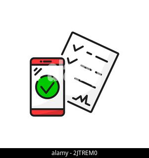 Checked document for car share service linear icon. Vector driving license in smartphone, checked documents for automobile sharing Stock Vector