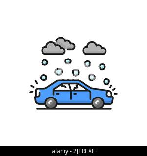 Hail damage isolated insurance and car accident color line icon. Vector hail on car, clouds and falling heavy snow, damaged vehicle Stock Vector