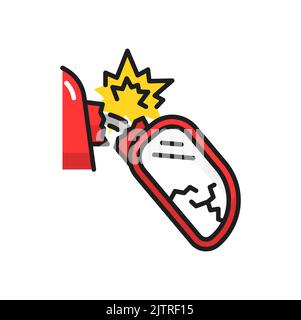 Broken side view mirror isolated color line icon. Damaged vehicle exterior, collision with another car. Cracked vehicle wing mirror Stock Vector